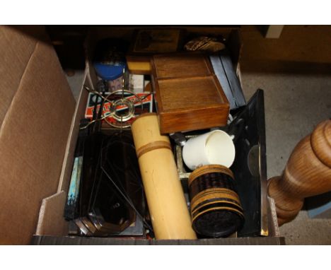 A box containing Rolls razor; a fan; wooden trinket boxes; glass finger plates etc.
