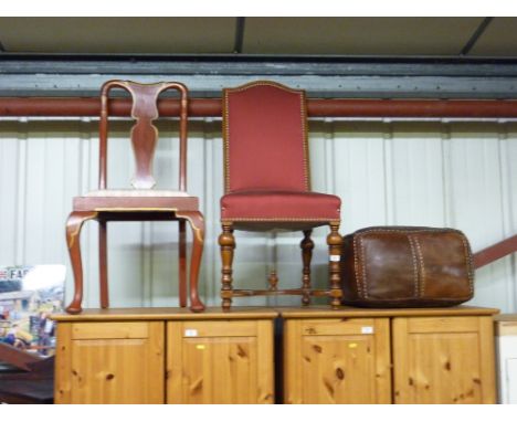 A brown leather pouffe; a Queen Anne style red and gilt painted chair; and one other chair 