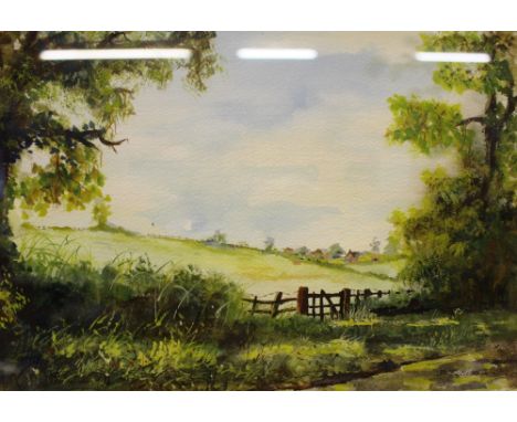 D E Butlin, watercolour gouache of a landscape; together with M L Smythe gilt framed watercolour study depicting figures in a