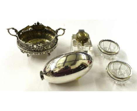 An ovoid silver plated flask together with a pair of silver mounted and glass alts; a twin handled bowl etc. 