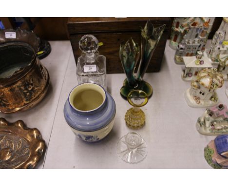 A glass decanter and stopper; an Art Glass twin branch vase; a dwarf candlestick; a Chelsea Burslem vase etc.  
