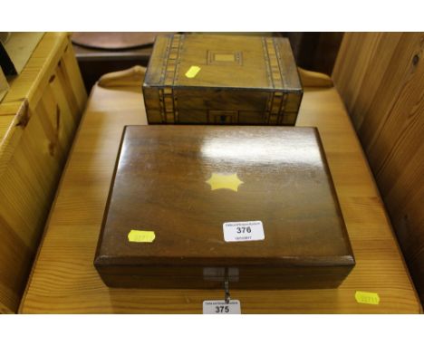 A walnut cased set of six each silver plated fish knives and forks and a Victorian inlaid trinket box