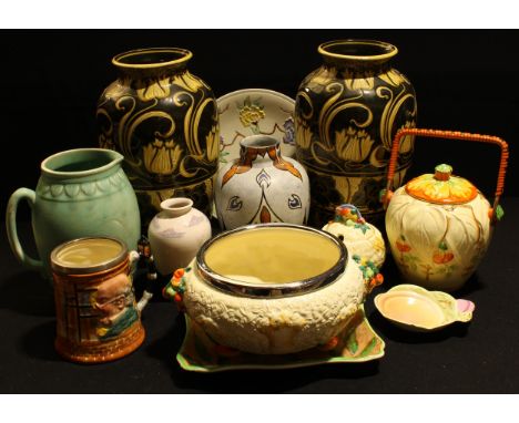 A Clarice Cliff Celtic Harvest salad bowl;  a similar preserve pot;  a Chameleon Ware vase;  a pair of Rubian Art Ware vases;