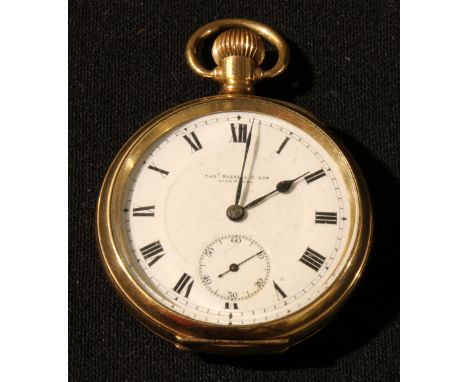 A Thomas Russell gold plated pocket watch, white enamel face, roman numerals. 