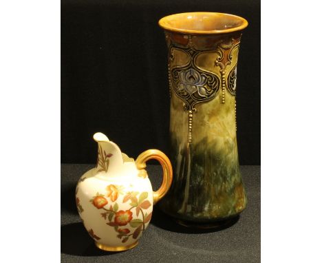 A Royal Doulton 'Art Nouveau' style tube lined vase, 24cm high and a Royal Worcester blush ivory jug, 13.5cm high (2) 