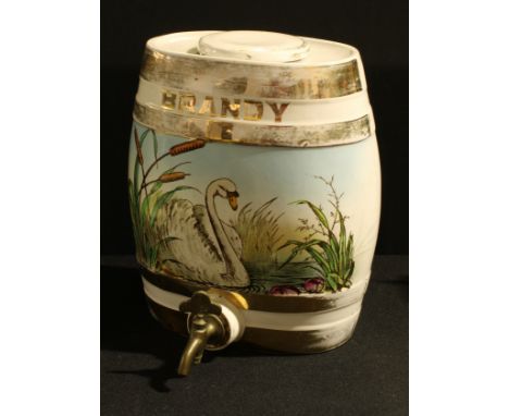 A Victorian ceramic brandy barrel, the front panel painted with a Swan amongst rushes. 