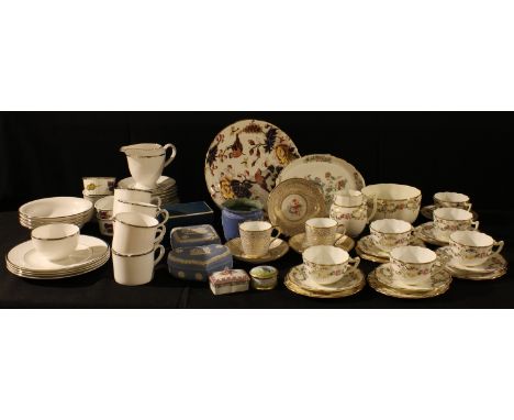 A Royal Worcester Monaco pattern coffee service;  Evesham pattern dishes;  Coalport plate;  Wedgwood blue jasper trinket pots