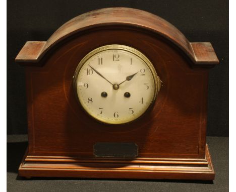 An Edwardian mahogany inlaid domed mantel clock, white enamel dial with Arabic numerals, twin winding holes, silver presentat