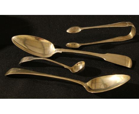 A George IV silver serving spoon, London 1828; a George III silver serving spoon, London 1799; a pair of Victorian silver sug