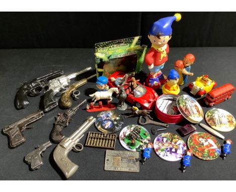 Chad Valley Repeater pistol;  other toy guns;  lead army figures;  metal Japanese warriors on horse back;  Noddy;   etc 