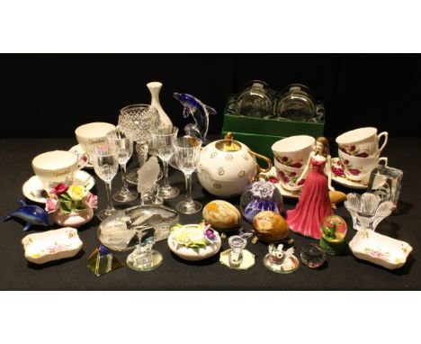 A Royal Doulton figure, January Garnet HN4970; Posie trinket trays; pair of brass and onyx tortoises; Coalport Ming Rose bott