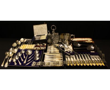 Plated and  Flatware- a set of six apostle spoons, cased;  a set of six cake forks;  butter knives;  two fruit spoons;  fish 