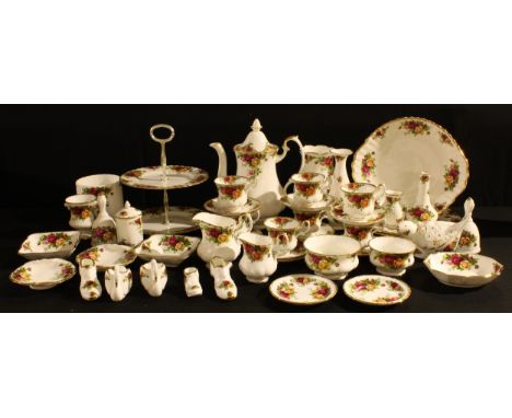 A Royal Albert Old Country Roses pattern coffee set for six, cream jug, sugar bowl, two tier cake stand, lobed ovoid vase, sa