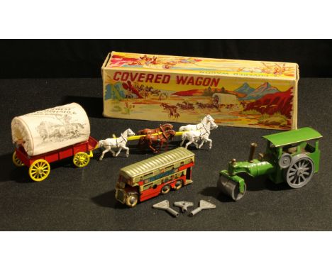 Toys - a Wells tinplate and clockwork double decker bus, 10cm long with replacement Mettoy key; a Tri-ang Minic tinplate/plas