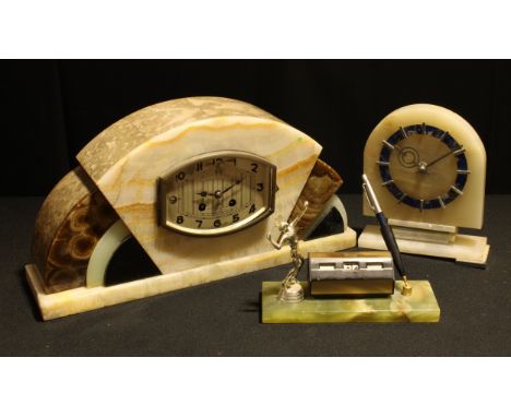 An Art Deco marble and slate mantel clock, Arabic numerals, c.1930;  another;  a novelty perpetual desk calendar and pen hold