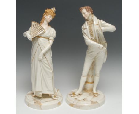 A pair of  Royal Worcester figures, One Hundred Years, modelled by James Hadley, of an elegant lady and gentleman, before vas