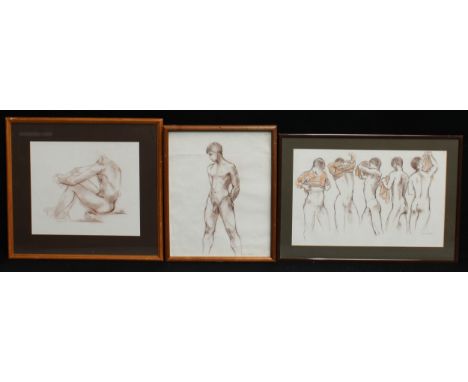 Enid L. Bloom, study of a male nude stripping, signed, pastel sketch, 37cm x 59cm; others similar (3) 