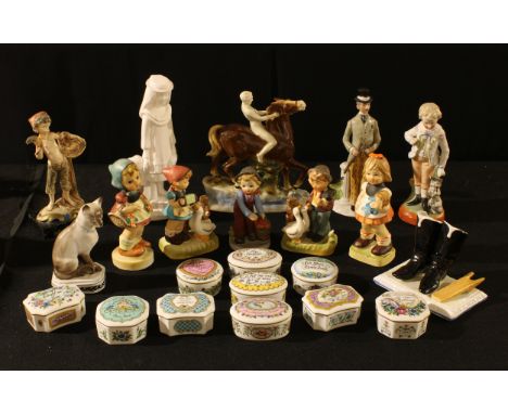 A Spode igure, Charlotte, in the white;  a German figure, o a boy with his dog, c.1880;  a German novelty match striker as a 