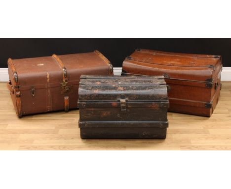 Luggage - a brown travelling trunk, The Trunk Store, Leicester and Northampton; two graduated tin metal travelling trunks (3)
