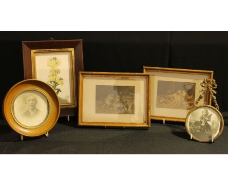 A pair of oleograph postcards, framed; a circular portrait miniature, photo of a gent; a brass ribbon tied frame, photo of a 