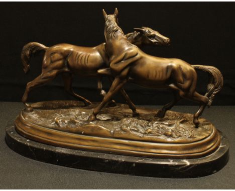After the Animalier School (20th century), a brown patinated bronze, horses, marble base, 40cm wide 