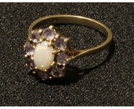 A hallmarked 9ct white gold opal set ring. 