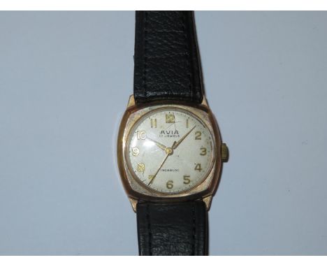 Vintage Avia gents wristwatch with 9ct gold case, manual wind currently ticking