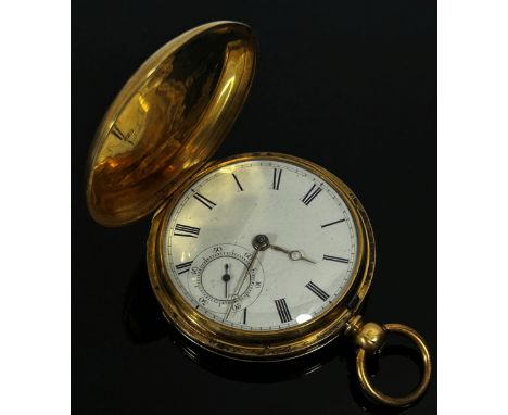 An 18ct yellow gold cased fob / pocket watch, with black Roman numerals on white enamel dial with subsidiary seconds dial. 73