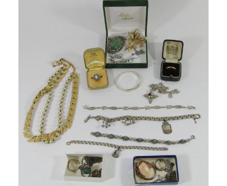 Mixed collection of vintage silver and costume jewellery to include a silver double curb link charm bracelet hung with three 