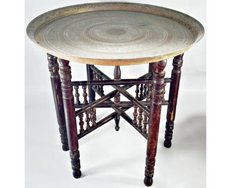 Middle Eastern tray and folding stand, silver plated tea service, lacquered tray and 3 silver plated gallery trays