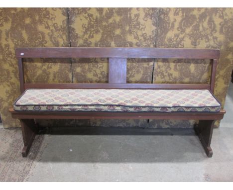 A vintage stained pine railway/school bench with reversible back, 82 cm high x 170 cm long