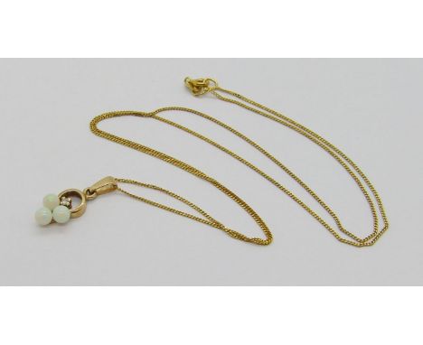 9ct trefoil opal and diamond pendant hung on a 9ct fine link chain necklace, chain 45cm L approx, 1.5g total