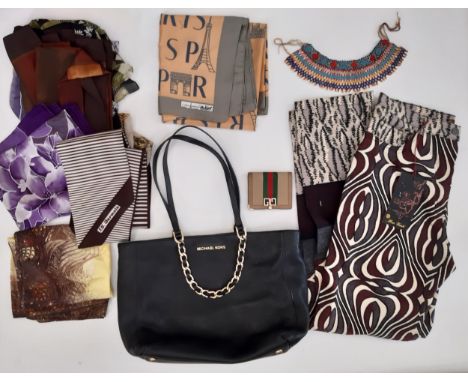 A mixed lot of ladies accessories including Michael Kors handbag in black leather with Coccinelle purse, a vintage Gucci wall