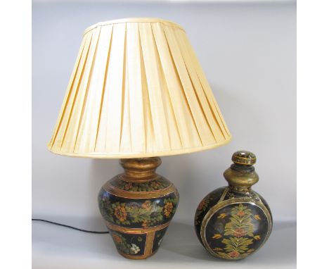 A Rajasthani metal hand painted table lamp with a 'slub' silk shade together with a matching Rajasthani metal hand painted oi