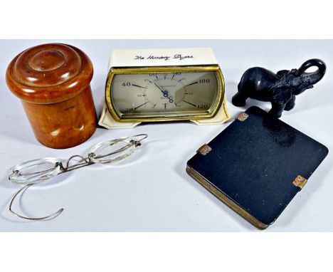 19th century boxwood box with screw thread top, Art Deco table thermometer, cigarette case, spectacles etc