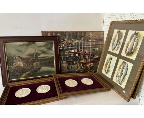 A group of paintings and prints to include: 20th Century School - Bay scene with boats and figures on the shoreline, signed D