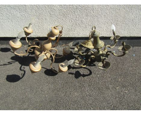 A heavy brass six branch ceiling chandelier, together with a further painted timber six branch example