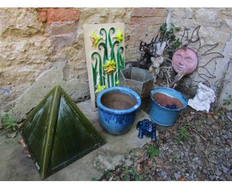 A mixed collection of garden planters, ornaments etc to include a glazed stoneware obelisk, bronze effect model of a standing