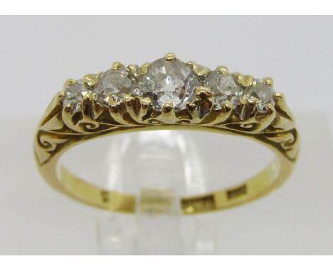 Antique 18ct graduated five stone diamond ring, centre stone 0.20ct approx, outer pair 0.05ct each approx, maker 'K.B', size 