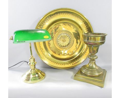A heavy Victorian brass oil lamp base, an Edwardian style bankers lamp with adjustable green glass shade, and a Victorian bra