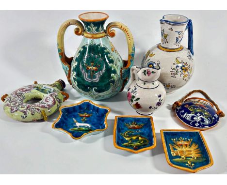 A collection of French (Blois / Loire) Faience ceramics (8) including shield shaped dishes, pilgrim flask and jugs