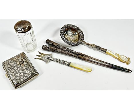 A mixed selection of 19th century silver to include a glove stretcher, a pickle fork, a cigarette case, a glass jar with silv