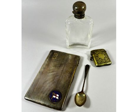 An engine turned silver cigarette case with enamel Hull &amp; District Royal Navy badge, a single silver spoon, a glass flask