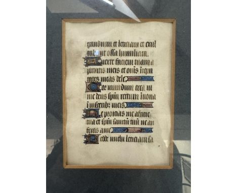 An early illuminated manuscript leaf from a Book of Hours, ink, pigment and gilding on vellum, inscribed 'vellum leaf from a 