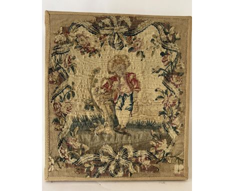 A French Aubusson tapestry titled 'Farmer's Boy', depicting a young man holding a basket while leaning against a tree stump, 