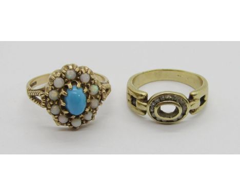 Antique style 9ct cluster dress ring set with simulated turquoise and opals, size O and a further vintage 9k diamond set ring