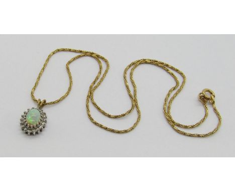 9ct oval opal and diamond cluster pendant, hung from an associated 9ct rope twist chain necklace, chain 45cm L approx, 4.3g t