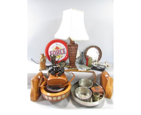 A miscellaneous collection of items including, a wooden lamp, vintage binoculars, 'Sunny Jim's' drinks tray, a heart shaped m