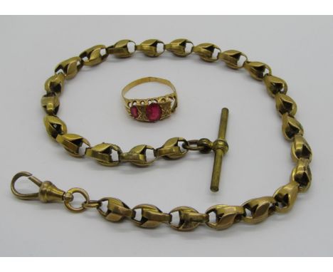 Antique 18ct ring, 2.8g (af replacement paste stones) and a gilt metal fancy Albert chain (2)