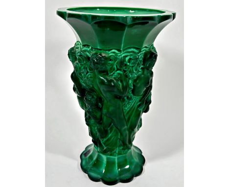 A Desnà jade malachite pressed glass vase with Bacchanalian dancers, engraved Desnà to the base and labelled Made in Bohemia 